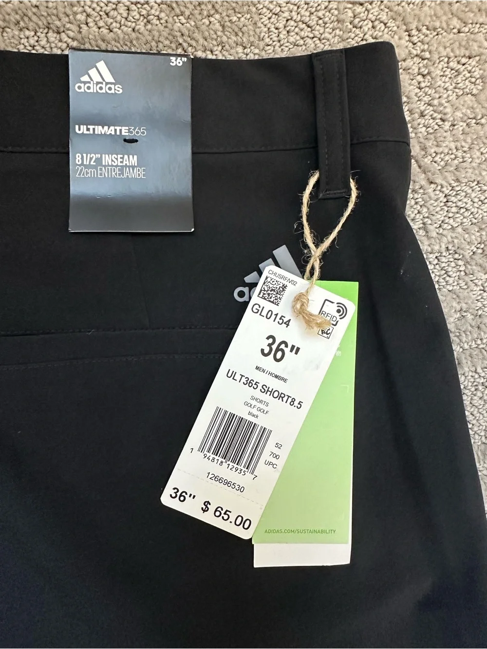 Adidas Ultimate365 Golf Shorts Black 36” 8.5” Inseam Primegreen Stretch NWT